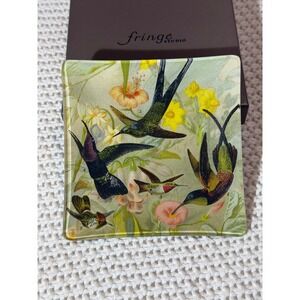 Fringe Studio Hummingbird Glass Trinket Tray Square Botanical Bird Dish with Box
